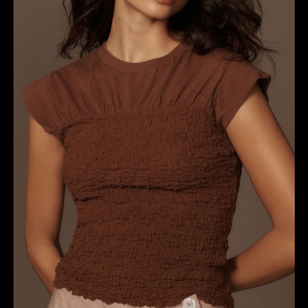 Anthropologie Brown Smocked Cap Sleeve T-Shirt